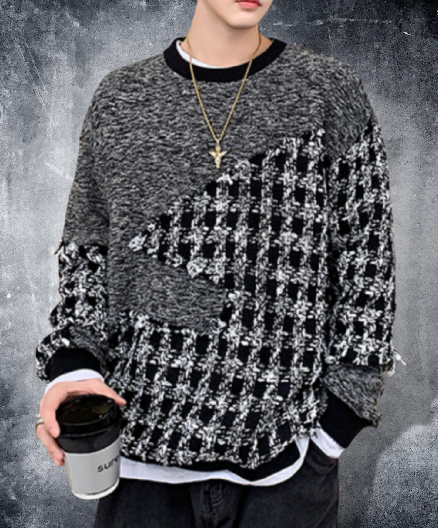 mixed materials asymmetric sweater EN1451