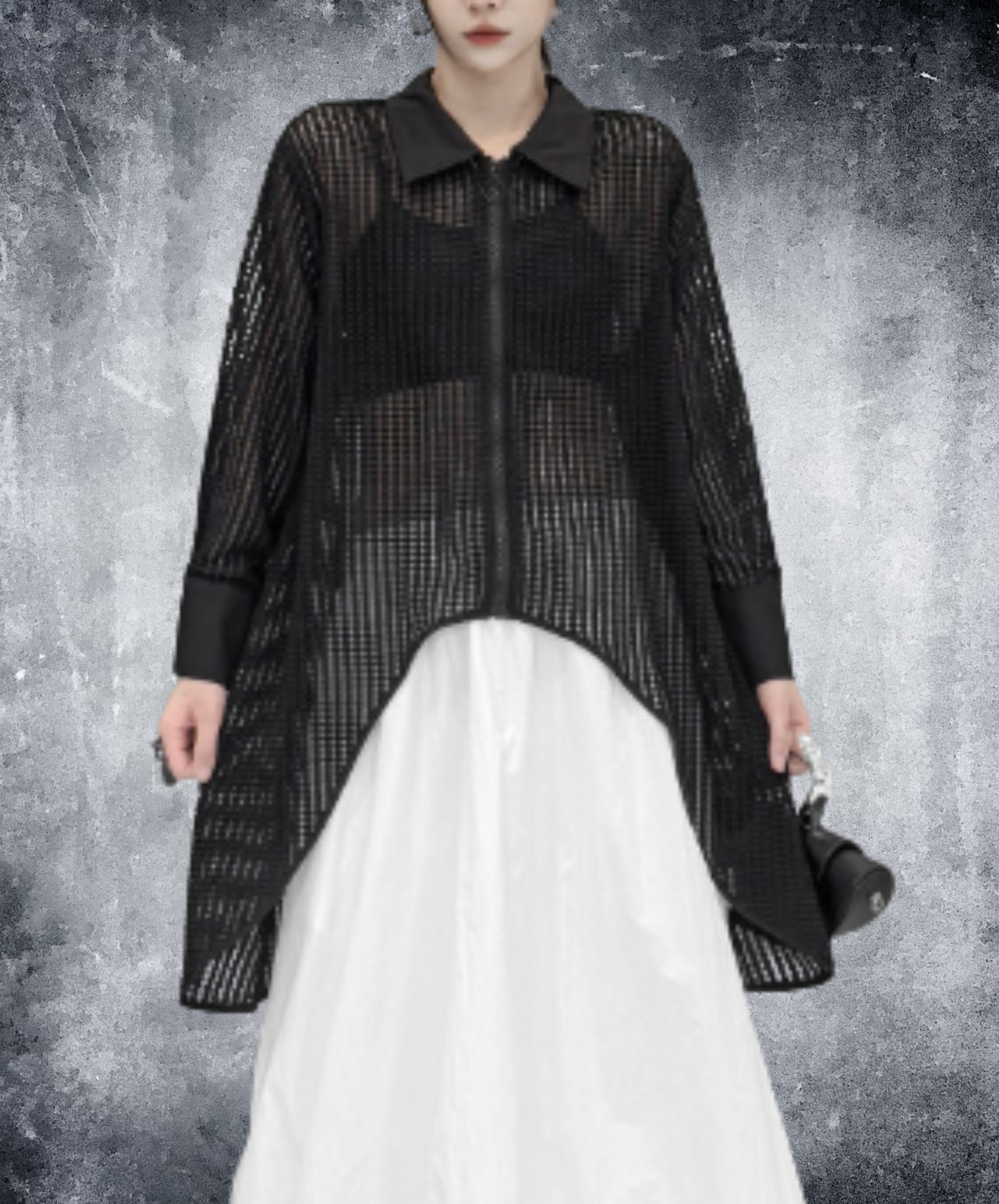 dark Irregular design ring fastener sheer shirt EN2967