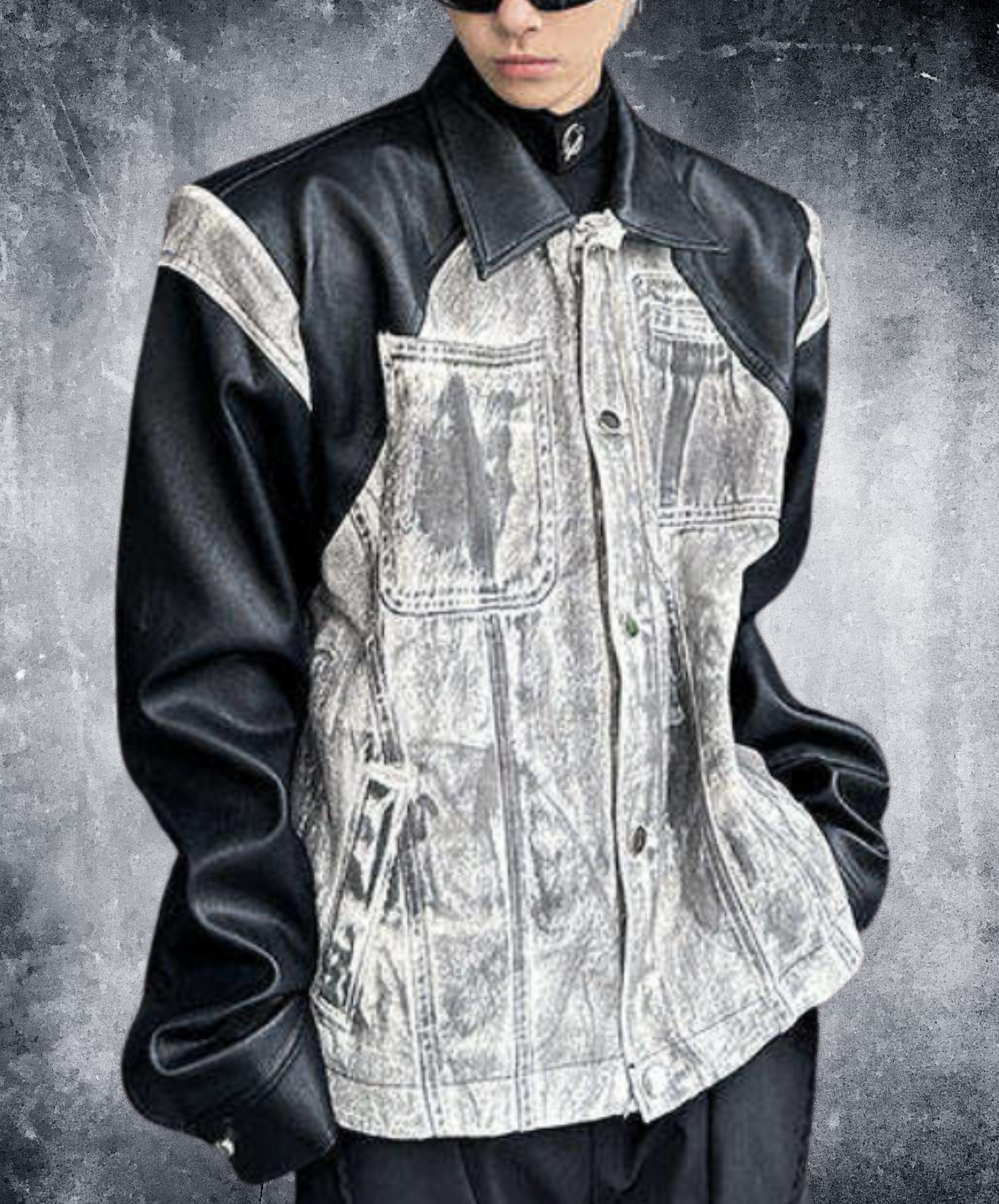 denim print x pu leather patchwork jacket EN2657