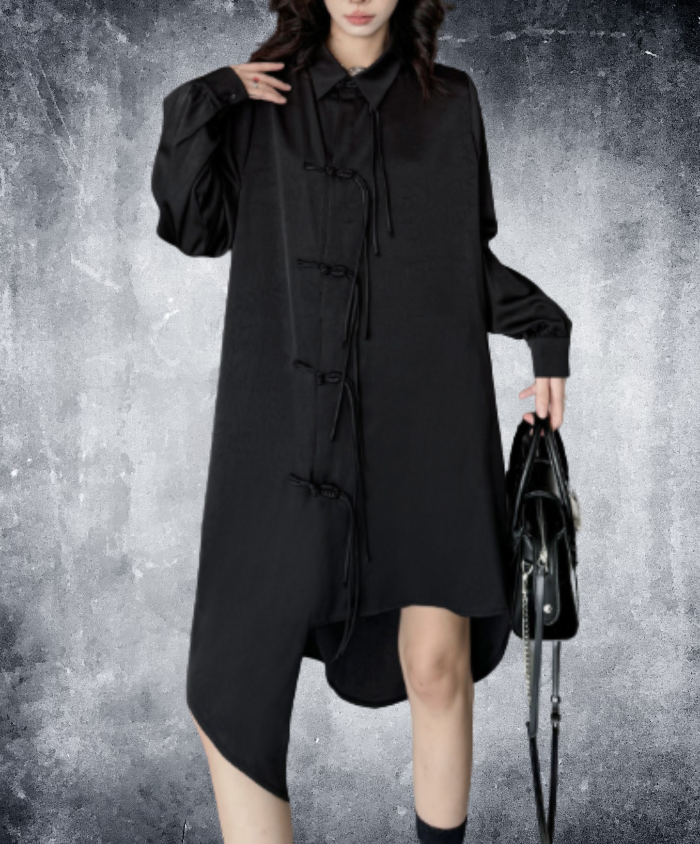dark chinese-style irregular-cut button long shirt EN3109
