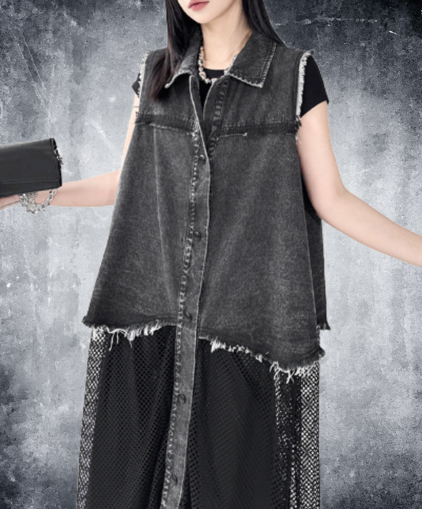 denim patchwork mesh long shirt EN3047