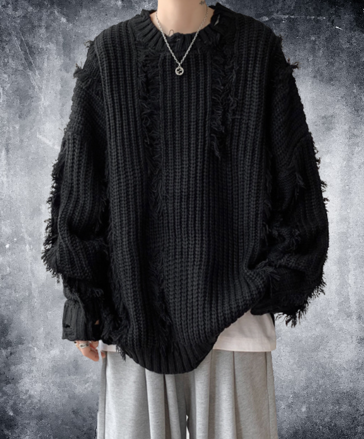 dark fringe-detail distressed finish sweater EN3177