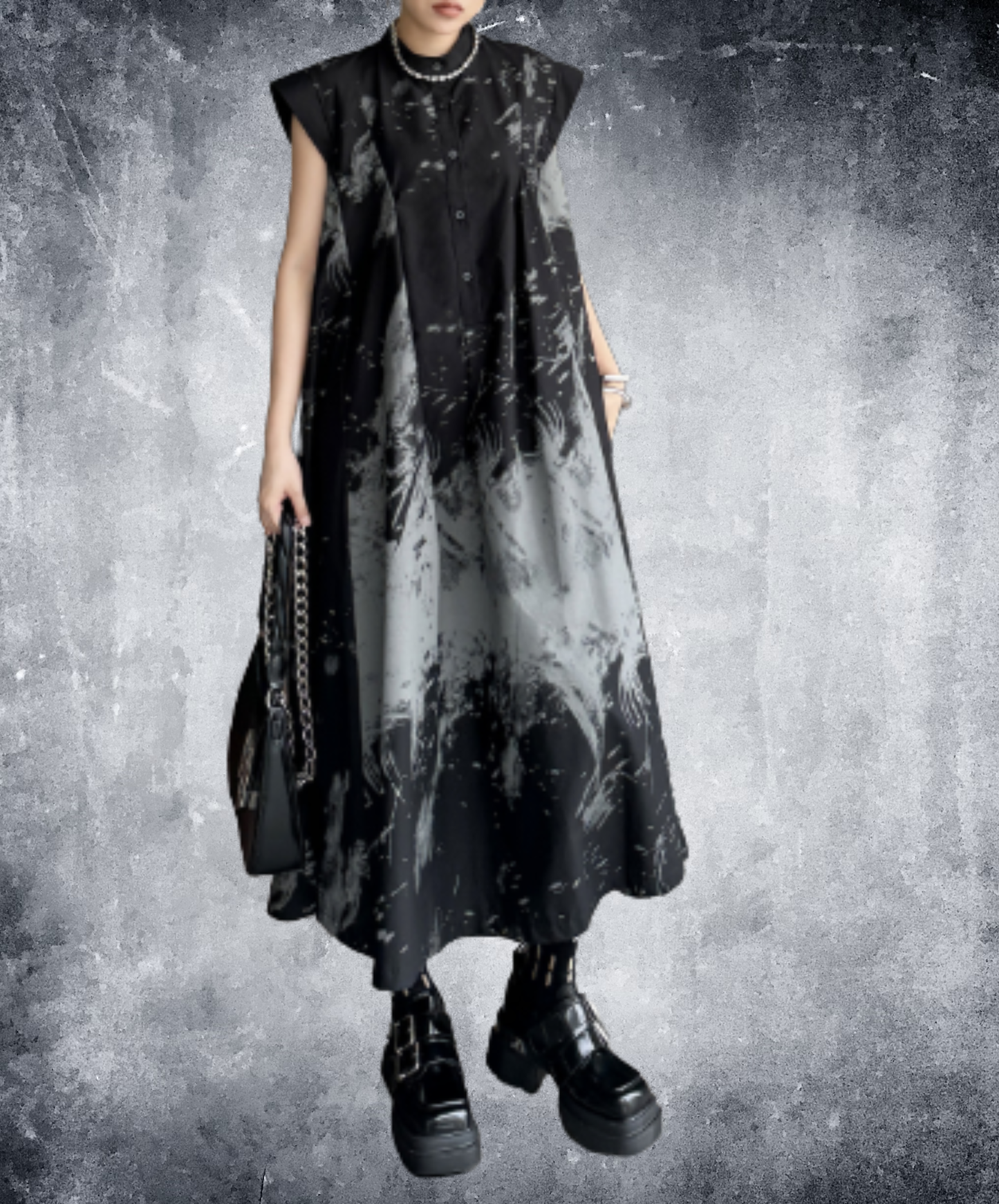 dark retro-print sleeveless top long shirt EN3103