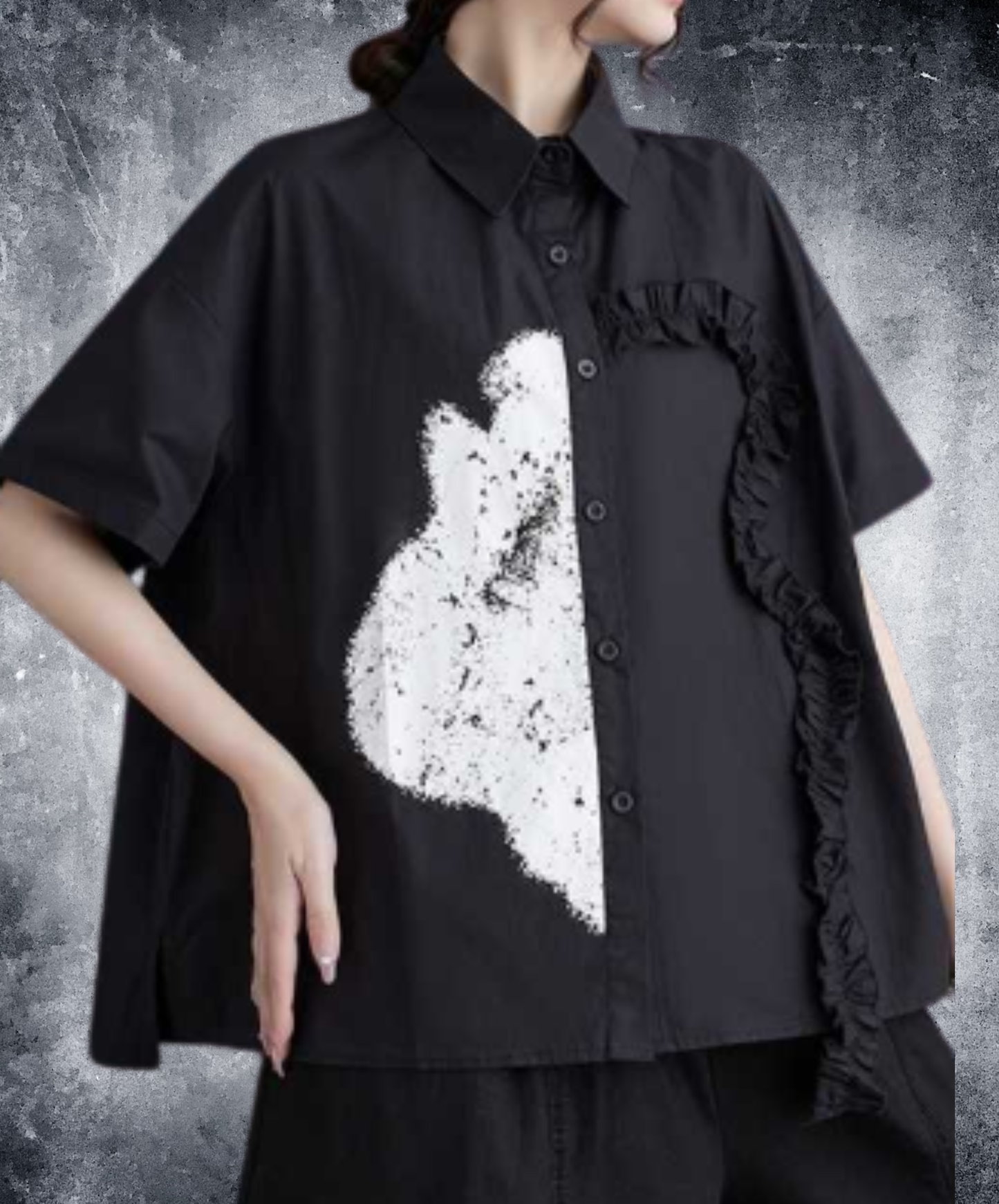 frill and ribbon splicing print shirt EN3080