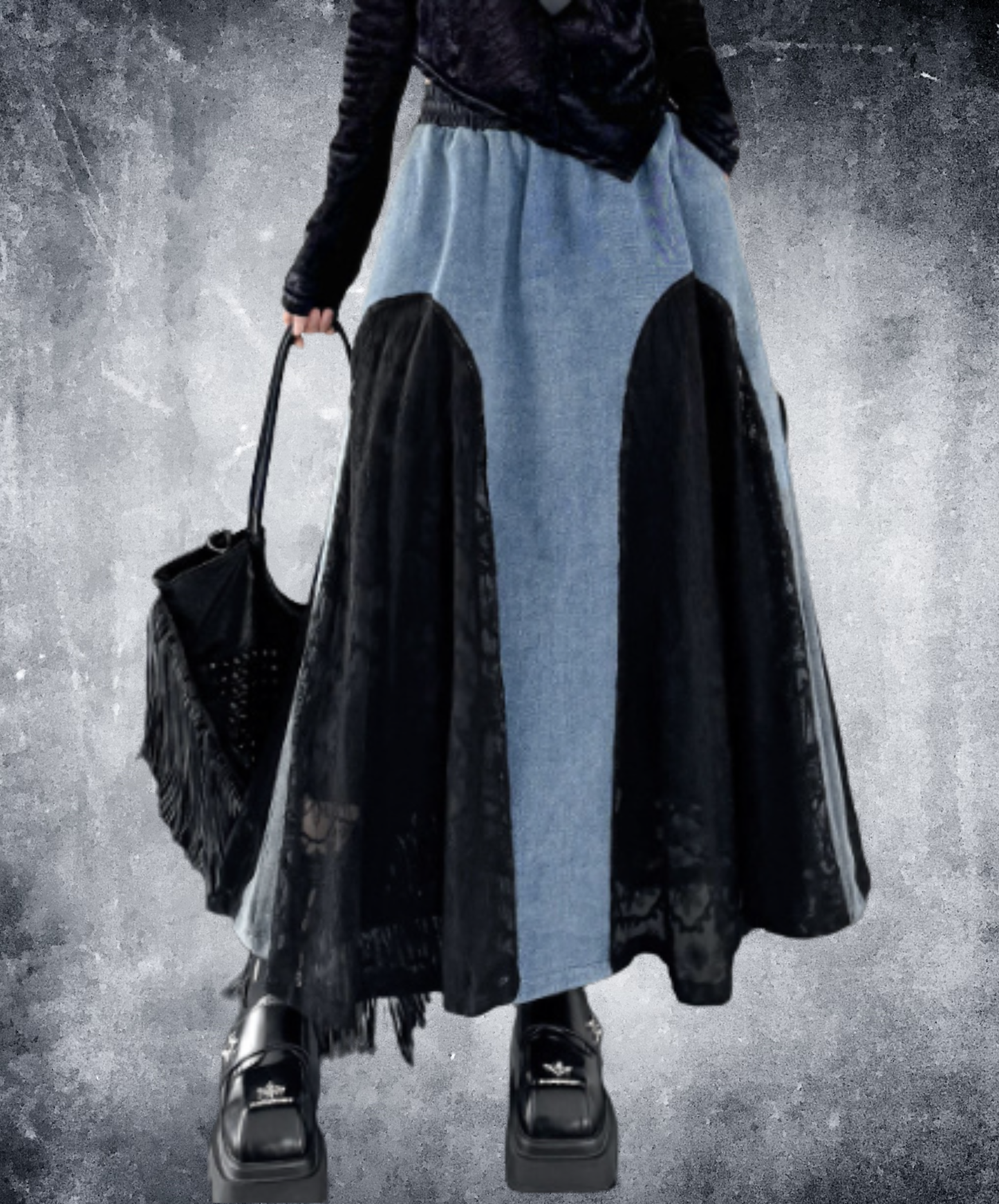 denim x lace patchwork skirt EN2894