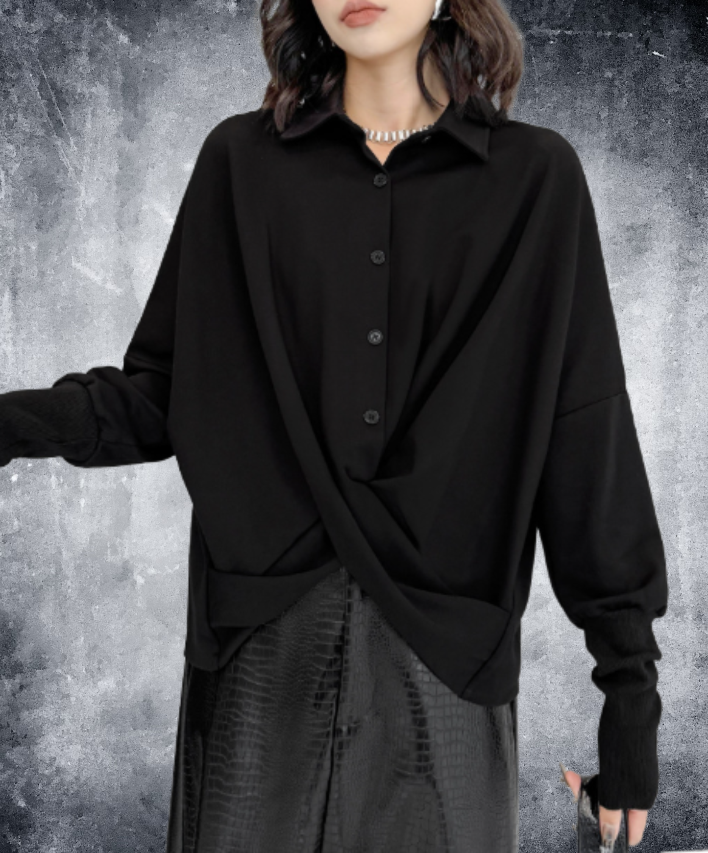 dark crossover-design dolman sleeves shirt EN3131