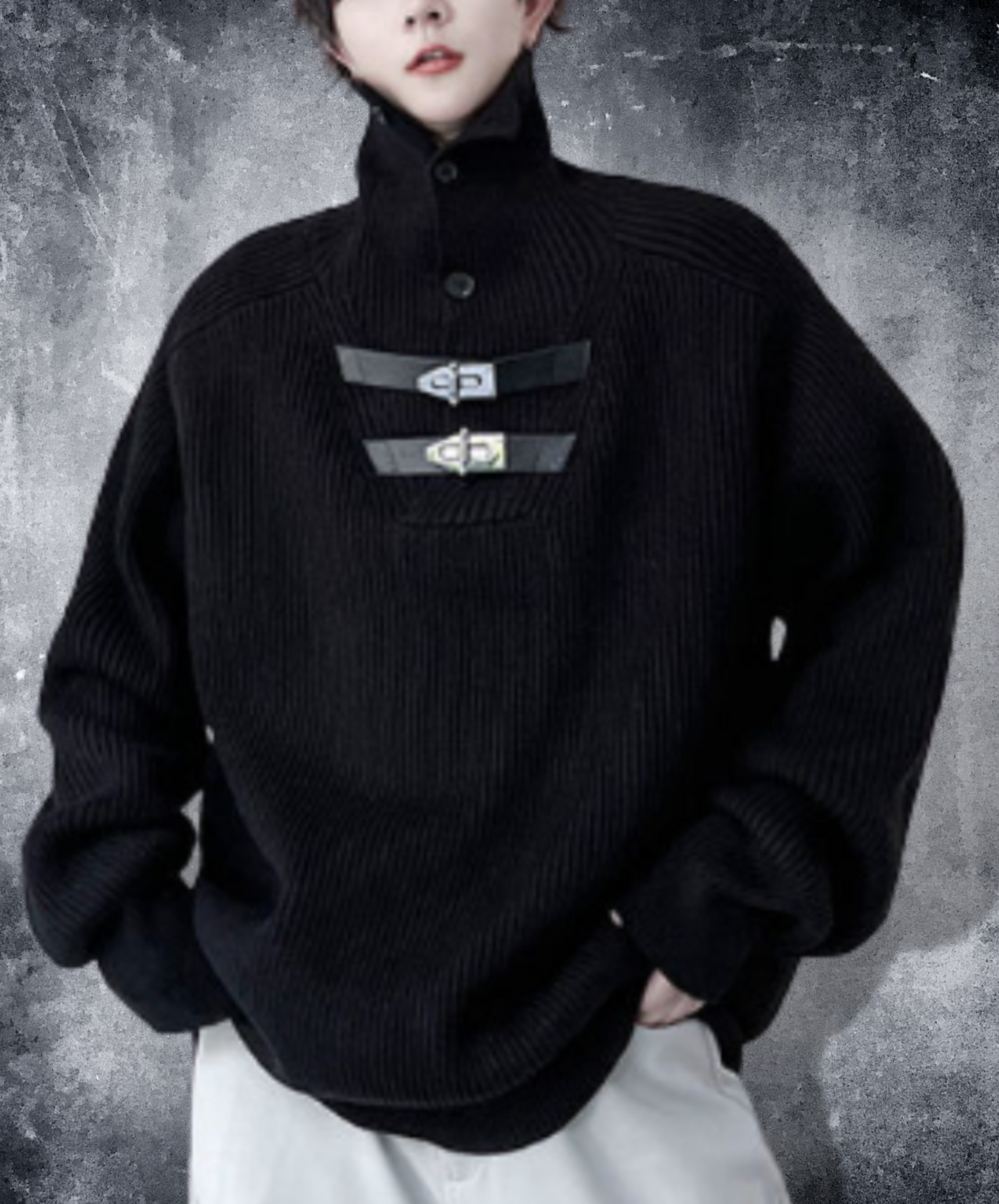 high neck with metal buckle wide sweater EN1396