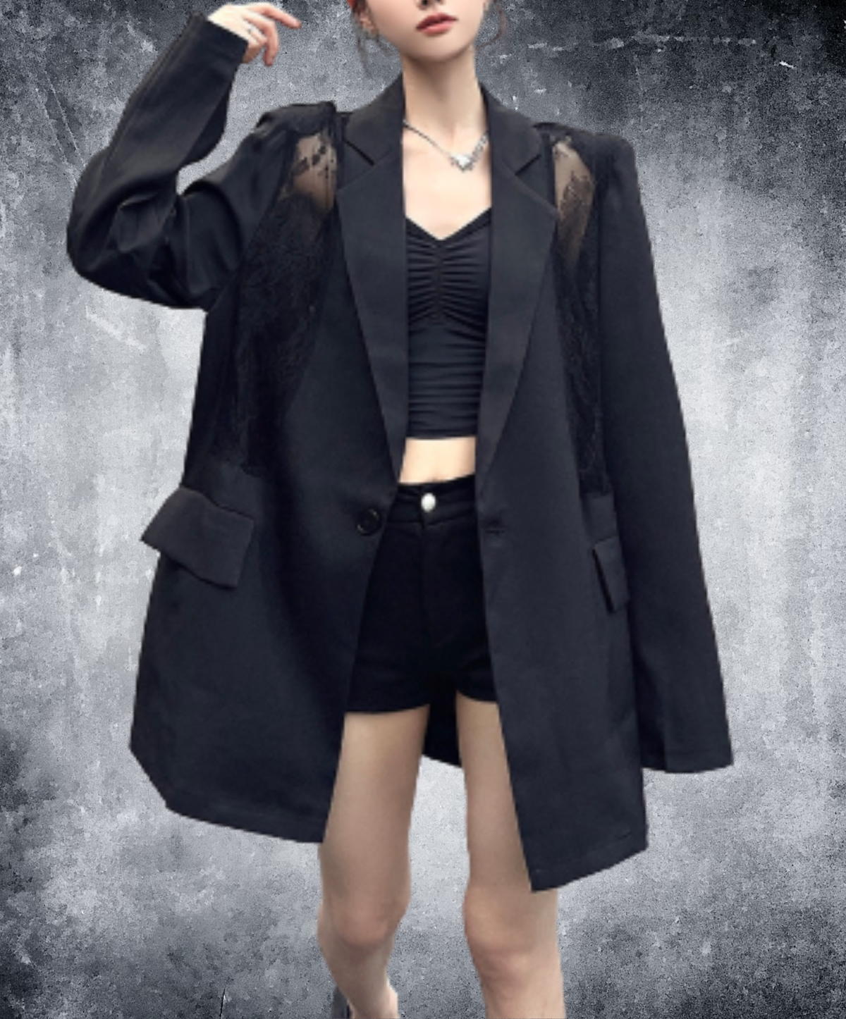 sheer lace panel design jacket EN3184