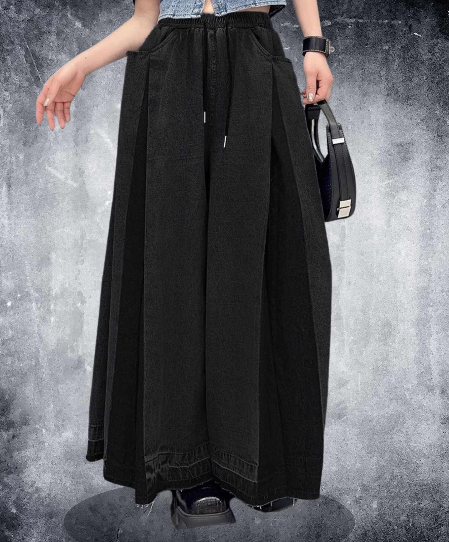 two-tone pleated denim wide pants EN2693