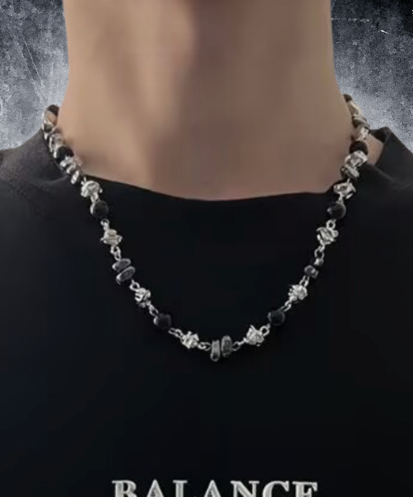 black and silver stone beads necklace EN2599