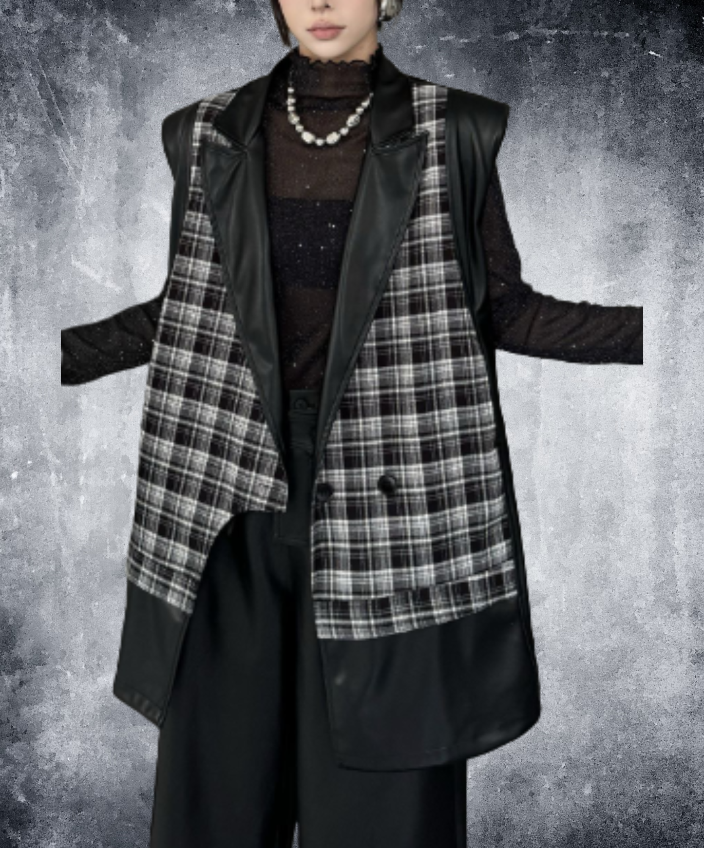 checkered pu leather patchwork vest EN2982