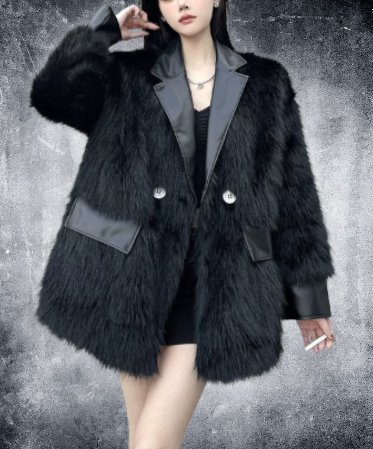 dark shaggy lapel mixed-material paneling jacket EN3188