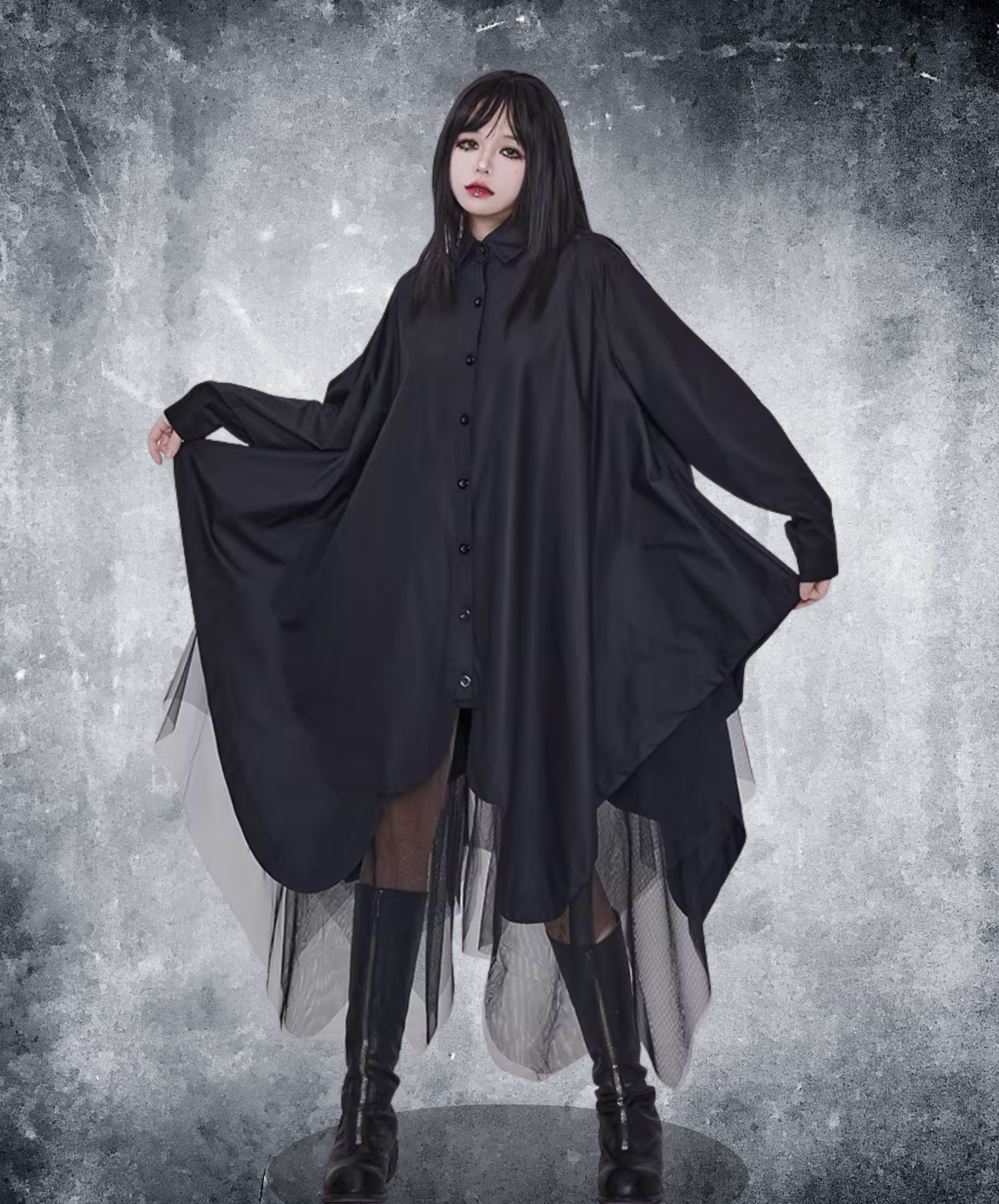 dark faux leather irregular patchwork long shirt EN2831