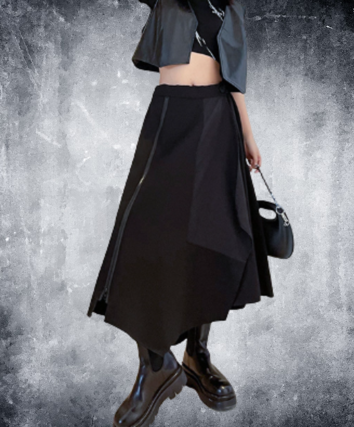 dark asymmetrical layered-look zip-line skirt EN3169