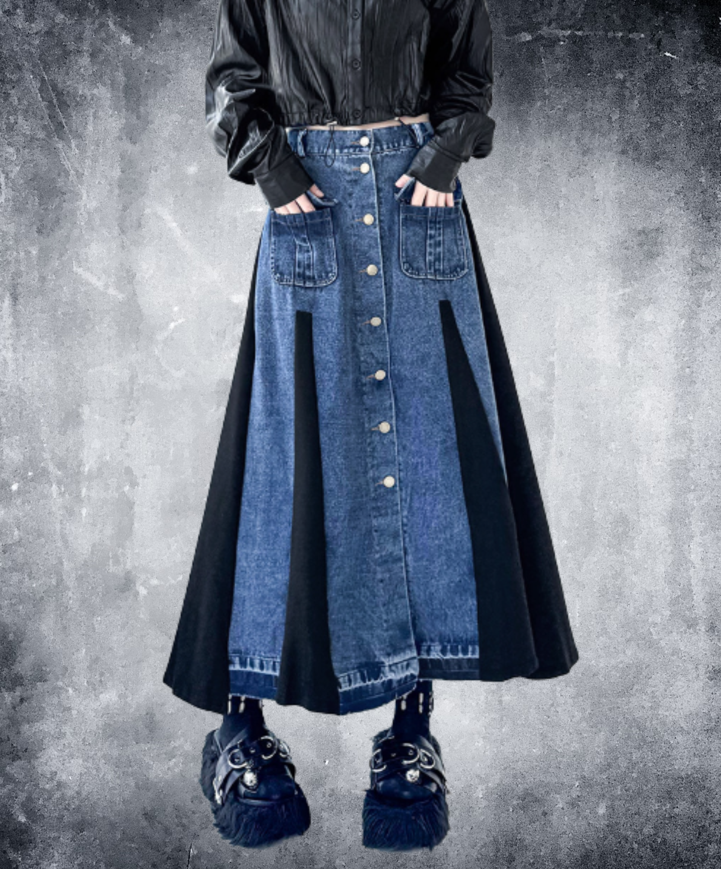 a-line denim patchwork piece skirt EN3113