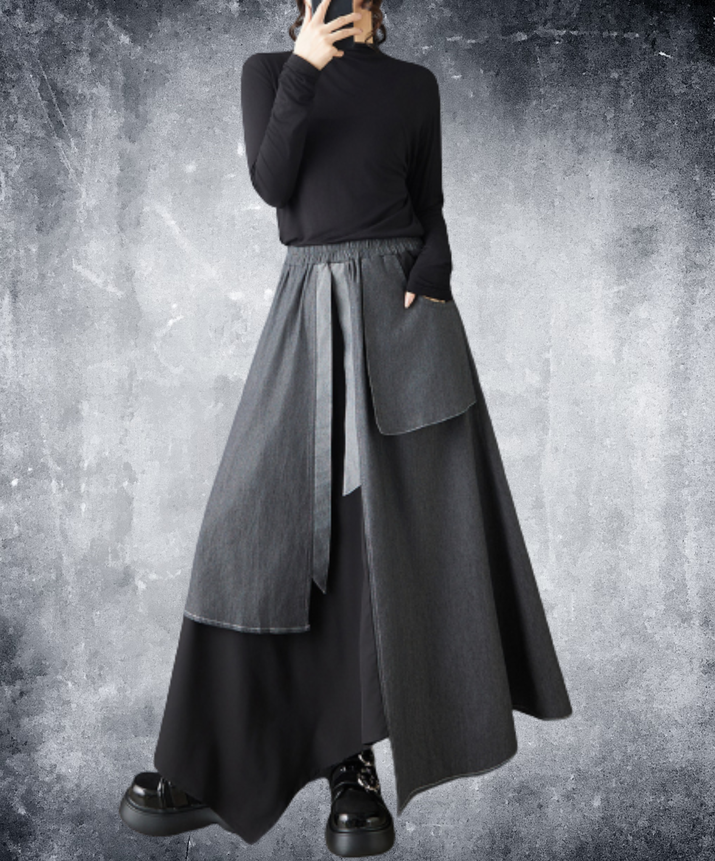 dark asymmetrical layered drape wide pants EN3146