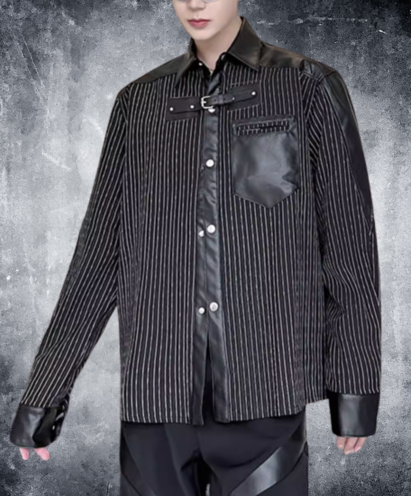 thin striped leather patchwork shirt EN2817