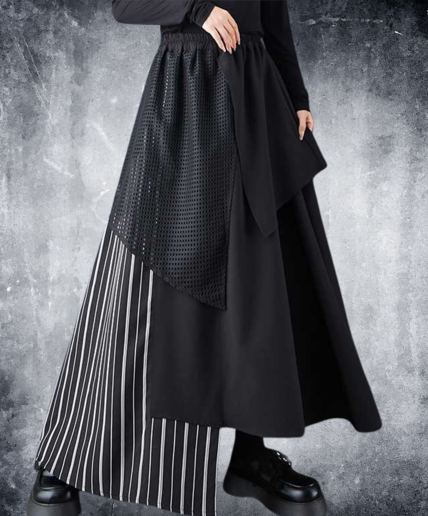 eyelet lace and stripe asymmetrical design skirt EN2756