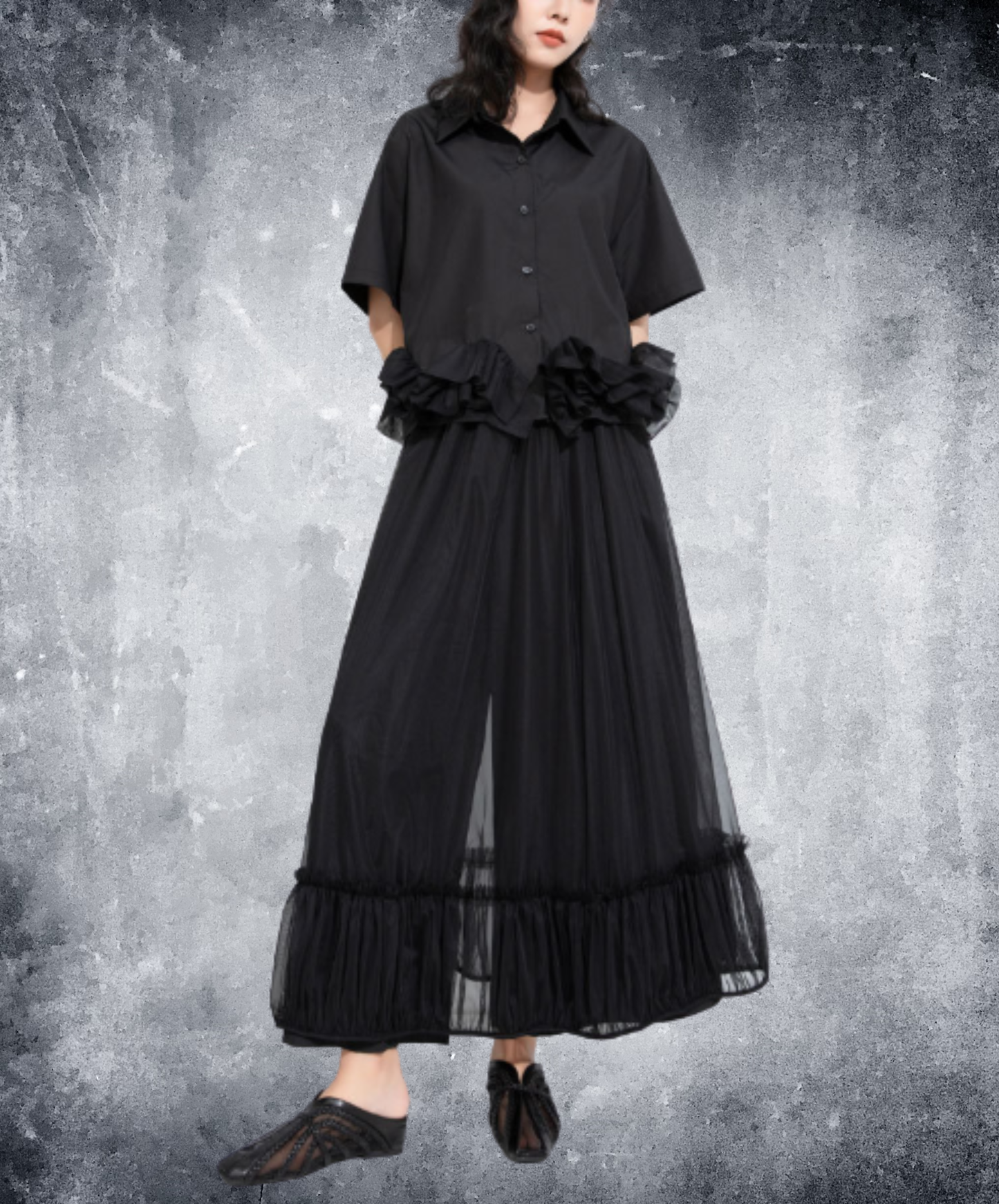 high-waisted sheer two-piece style wide pants EN3032