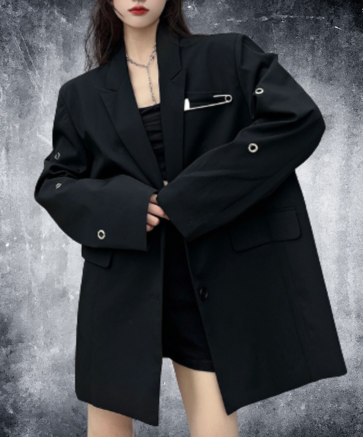 oversized safety pin and eyelet accents jacket EN3164