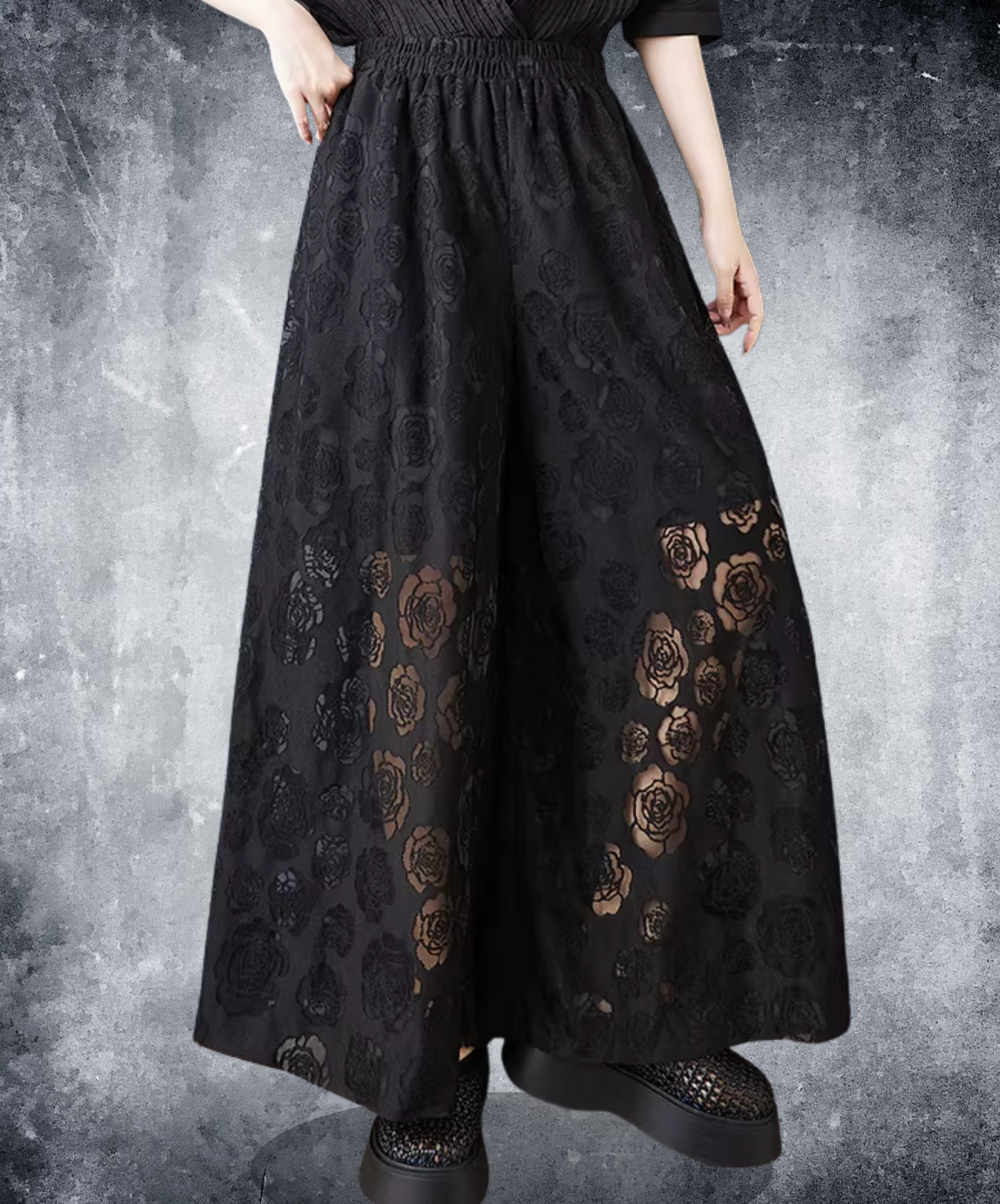 dark rose motif lace design wide pants EN2798