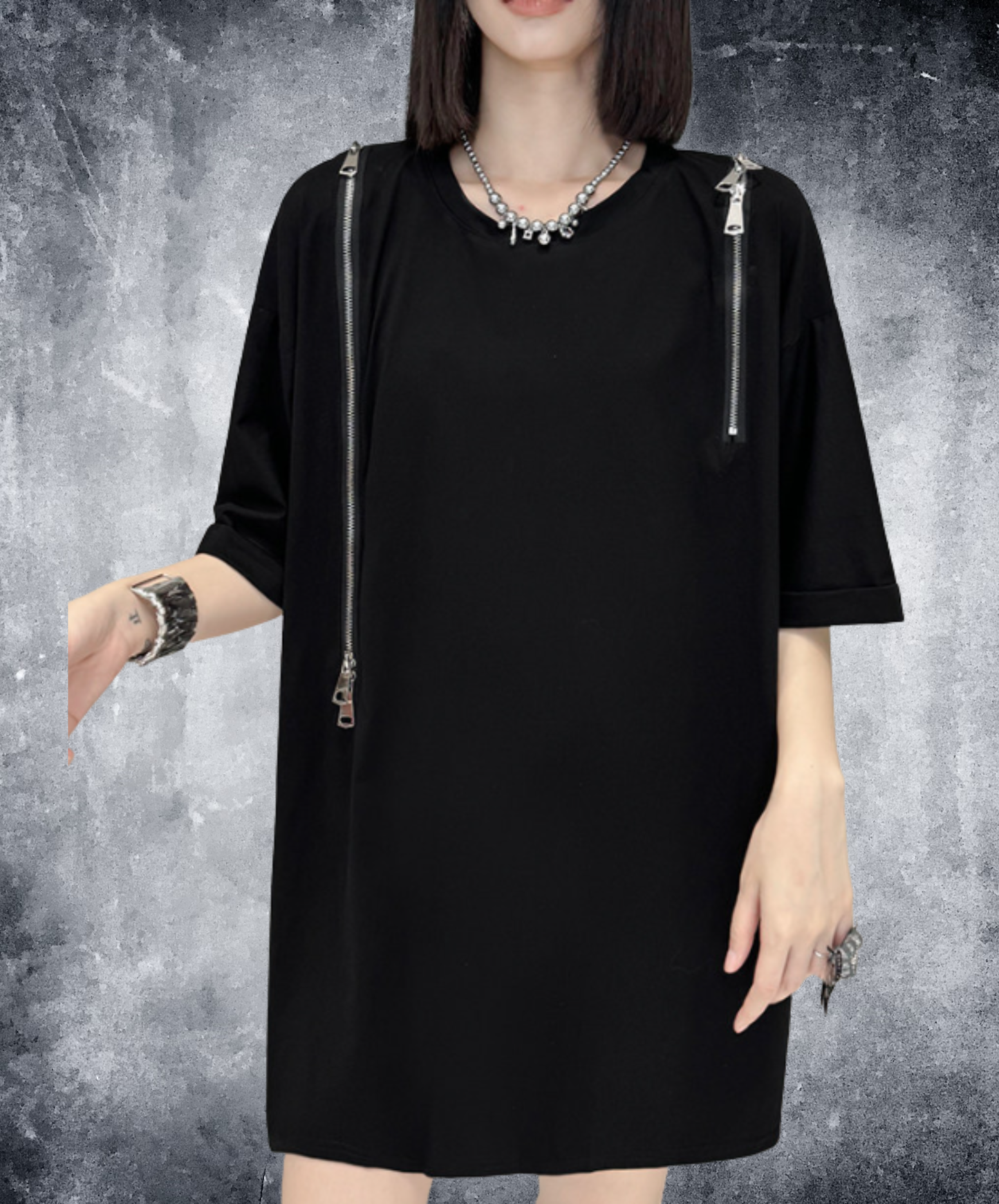 dark off-shoulder zipper t-shirt EN2908