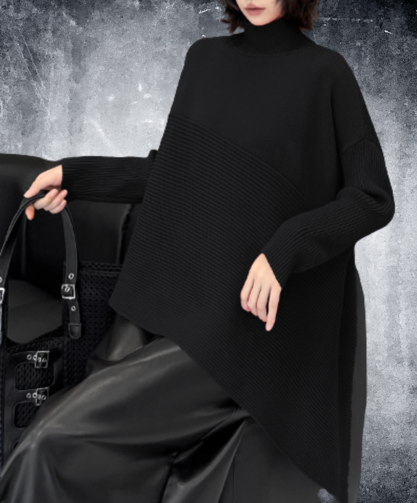 High-neck top asymmetrical drape line sweater EN3162