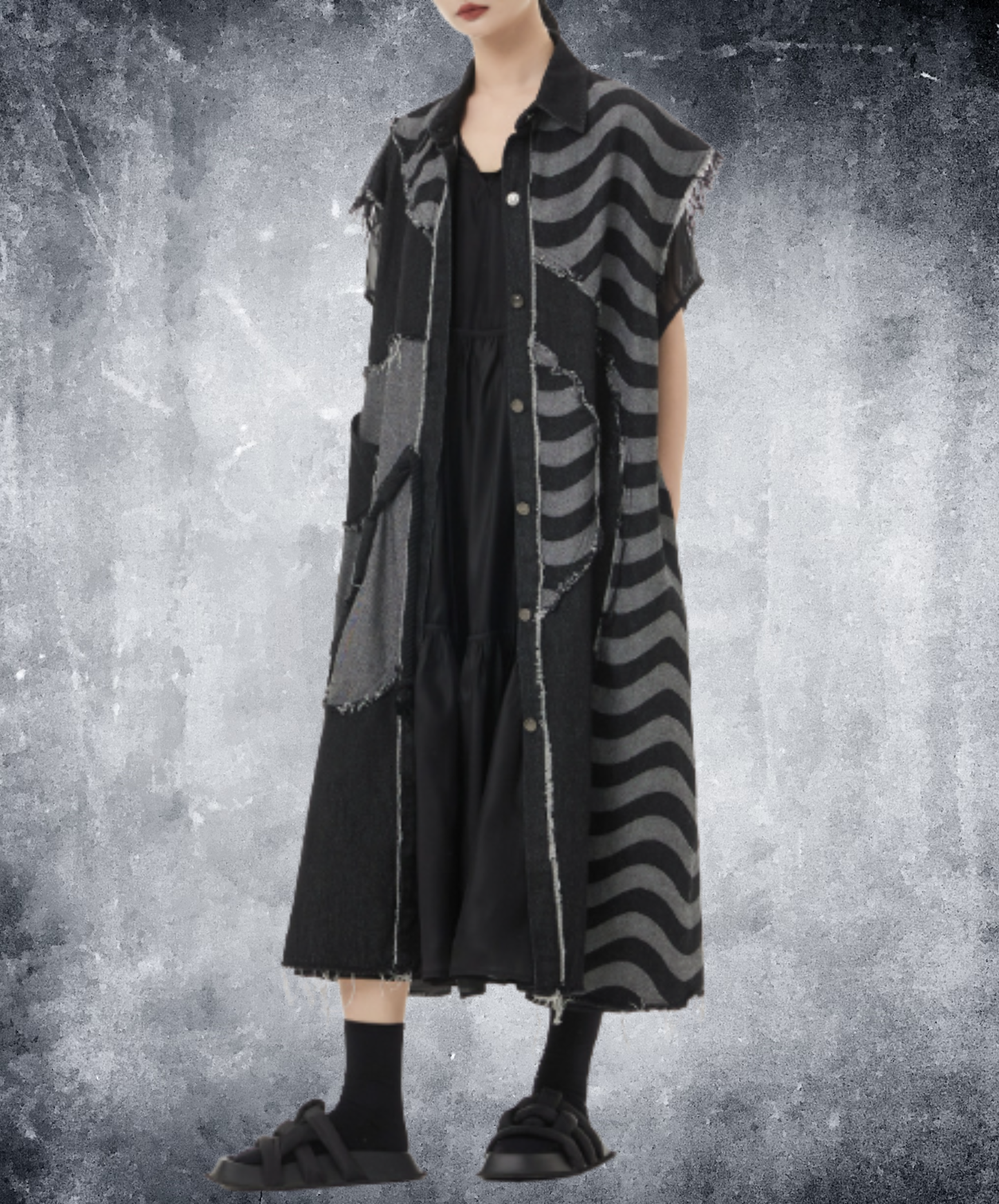 striped denim patchwork vest  EN3116