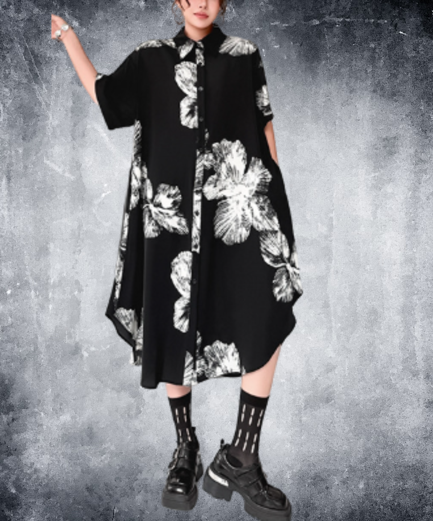 dark retro print relaxed fit long shirt EN2986
