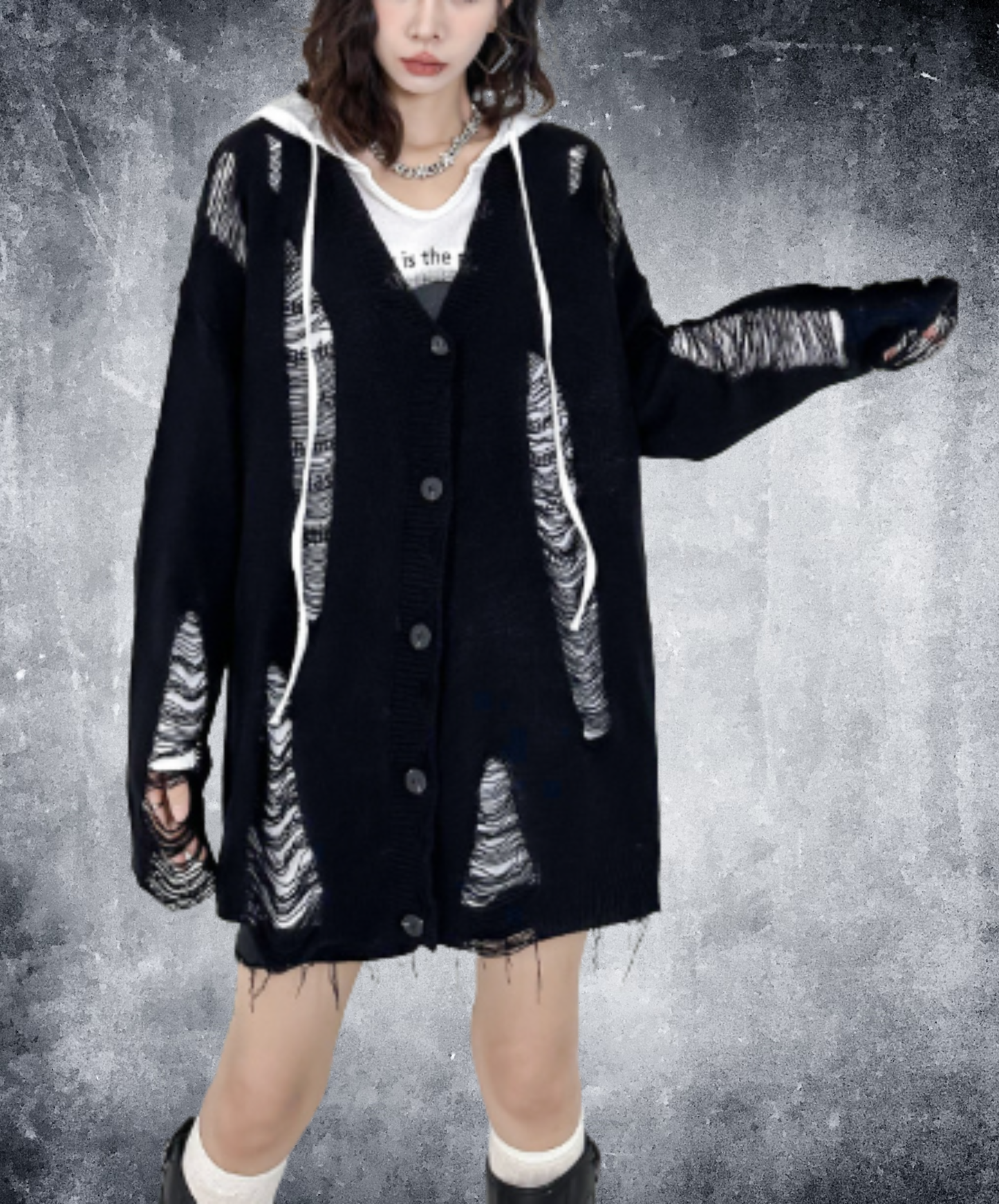 dolman-sleeve top with heavy distressing cardigan EN3123