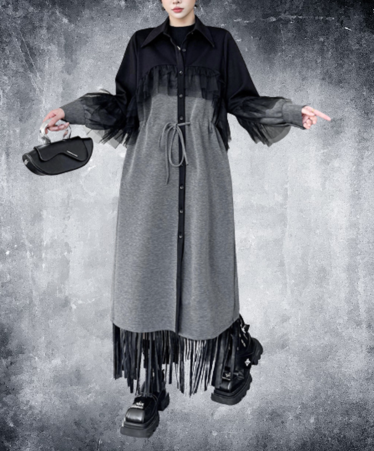 tulle patchwork and shibori detailing long shirt EN3133
