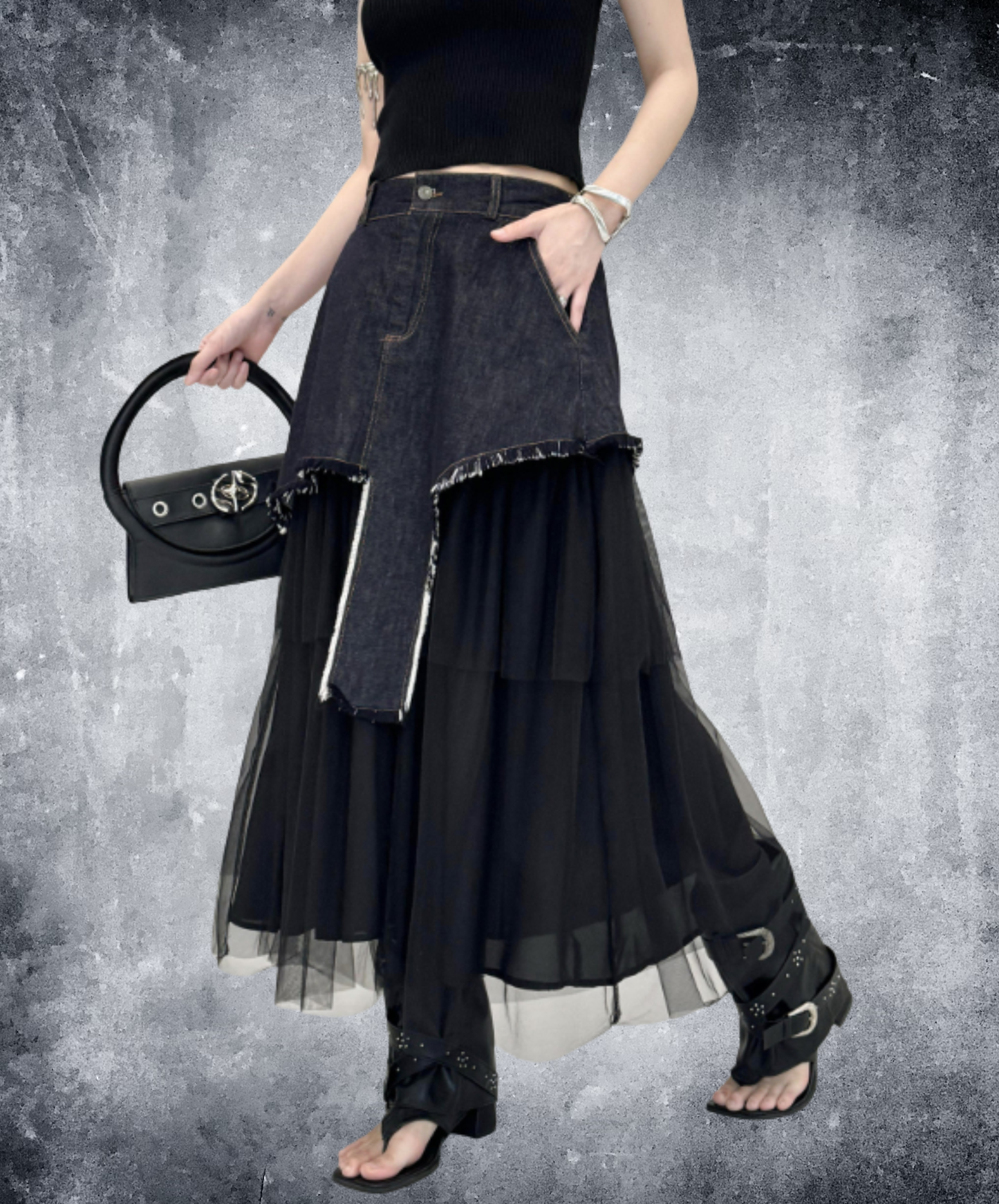 asymmetrical denim patchwork mesh design skirt EN3066