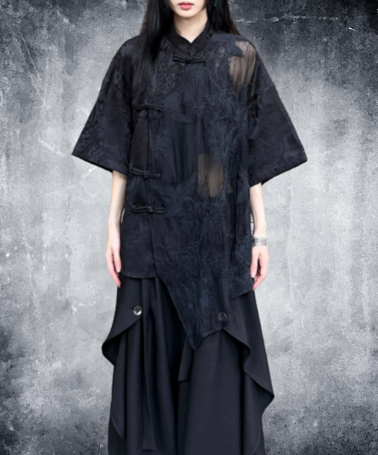 chinese-style embroidered jacquard sheer shirt EN3024
