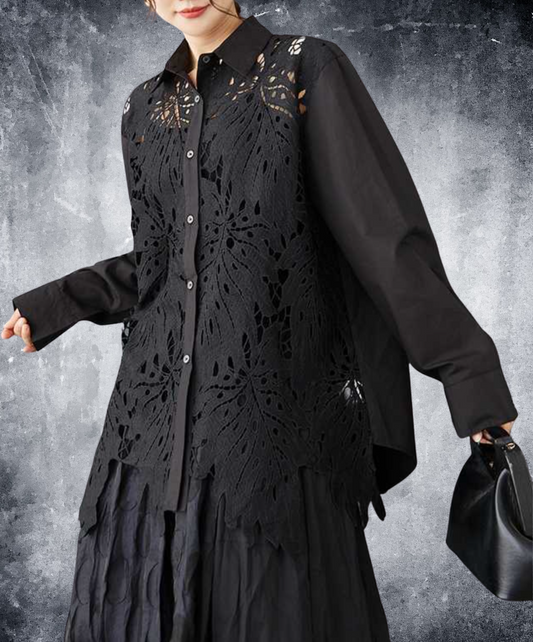random leaf motif lace sheer shirt EN2295