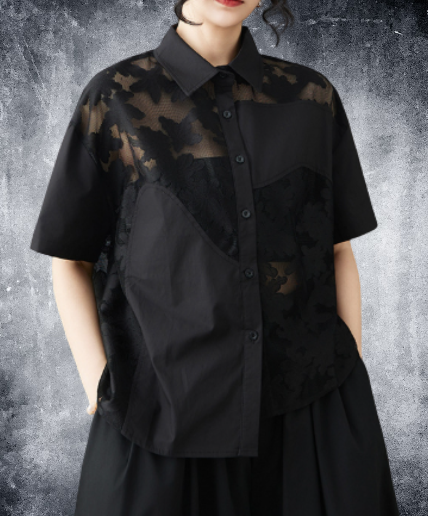 openwork patchwork sheer shirt EN2978