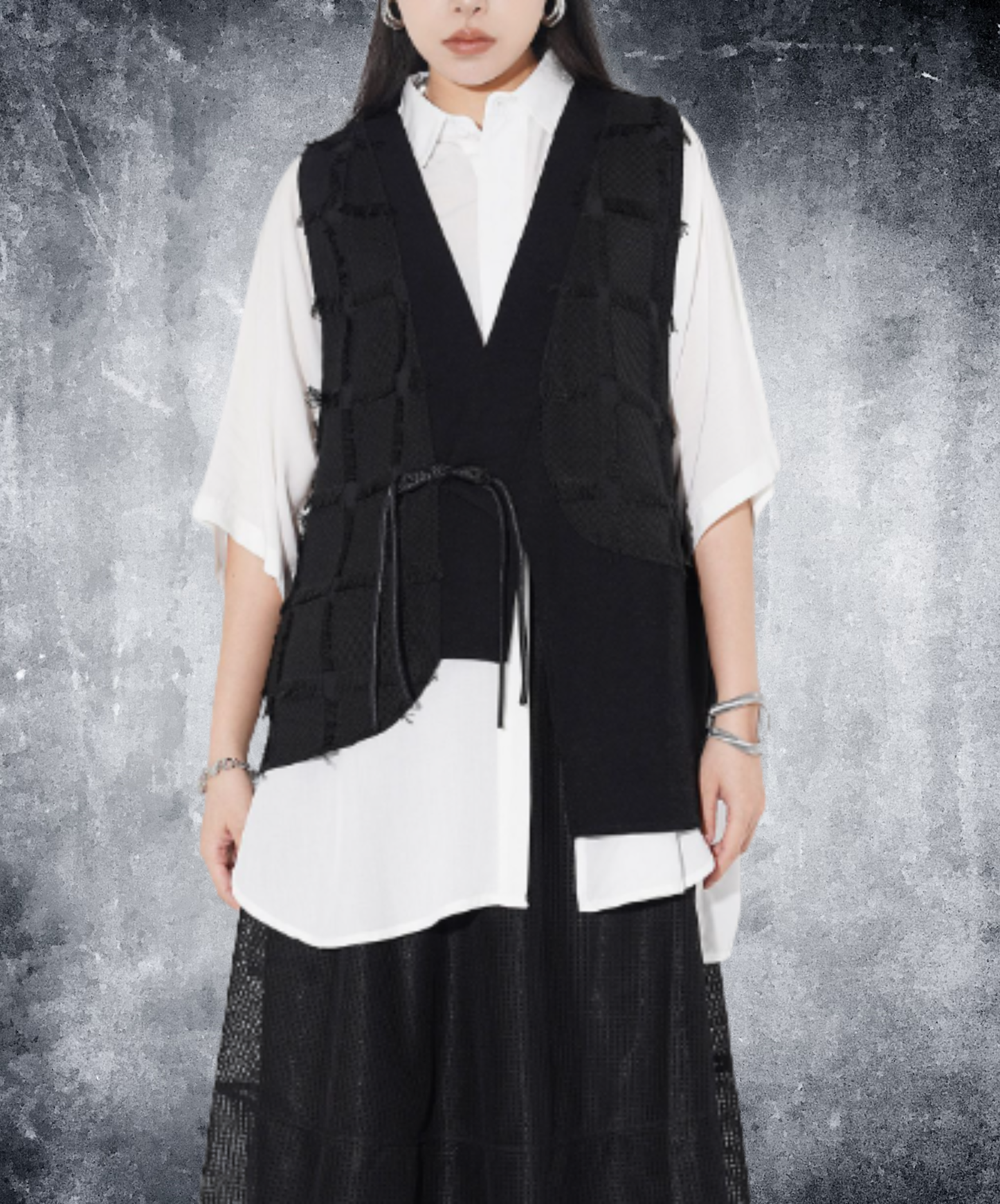 dark asymmetric design with fringe buttons vest  EN3009