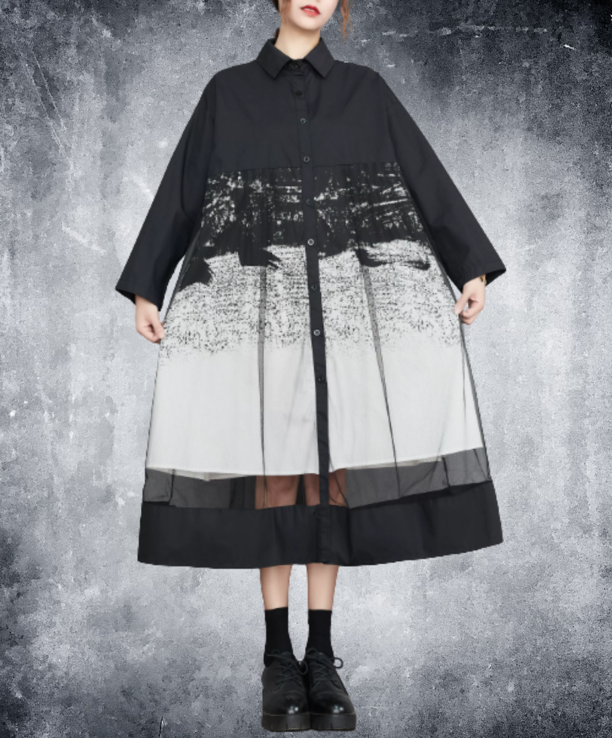 dynamic sheer switching flare long shirt EN3187
