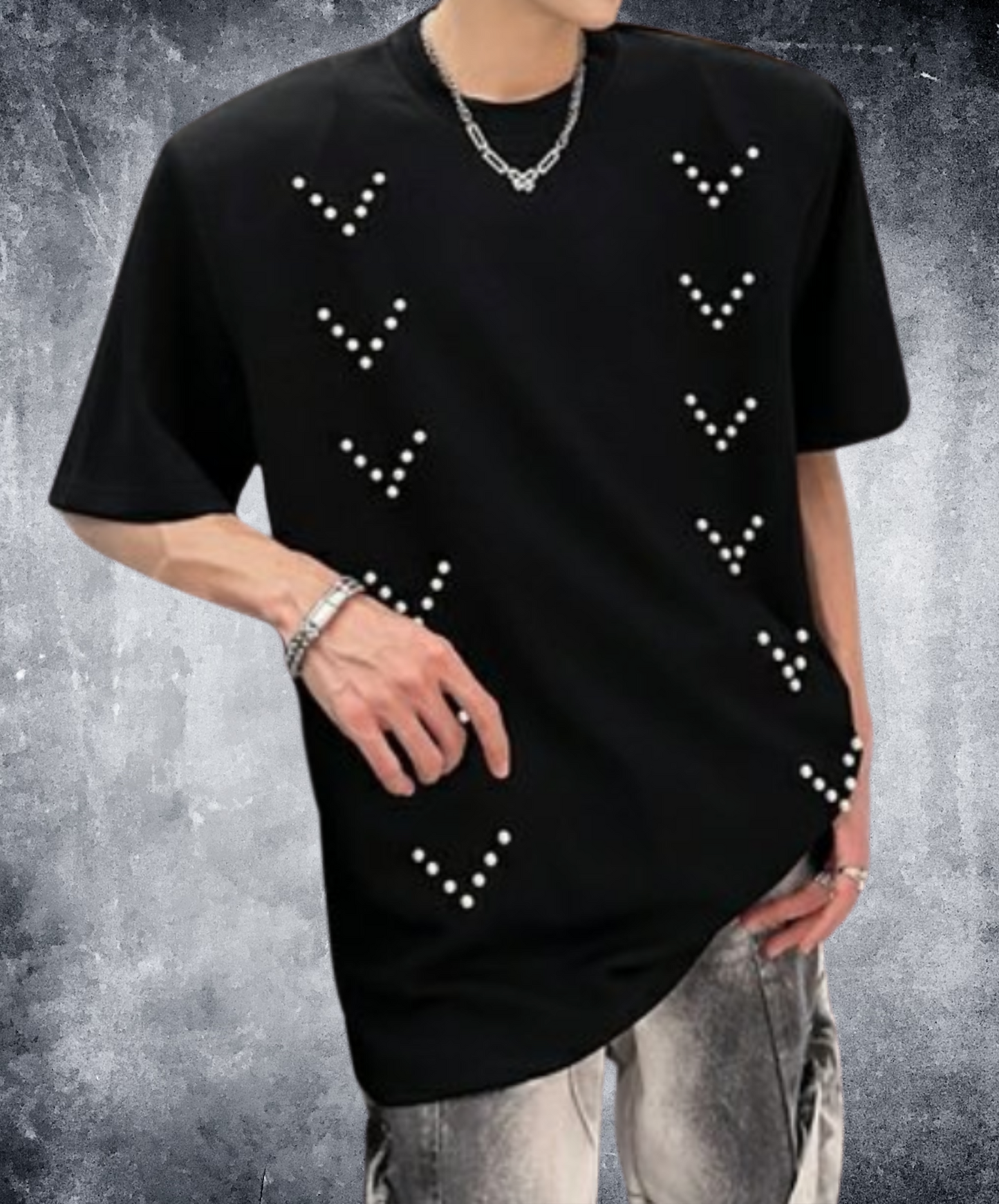 v pearl decoration t-shirt EN2090