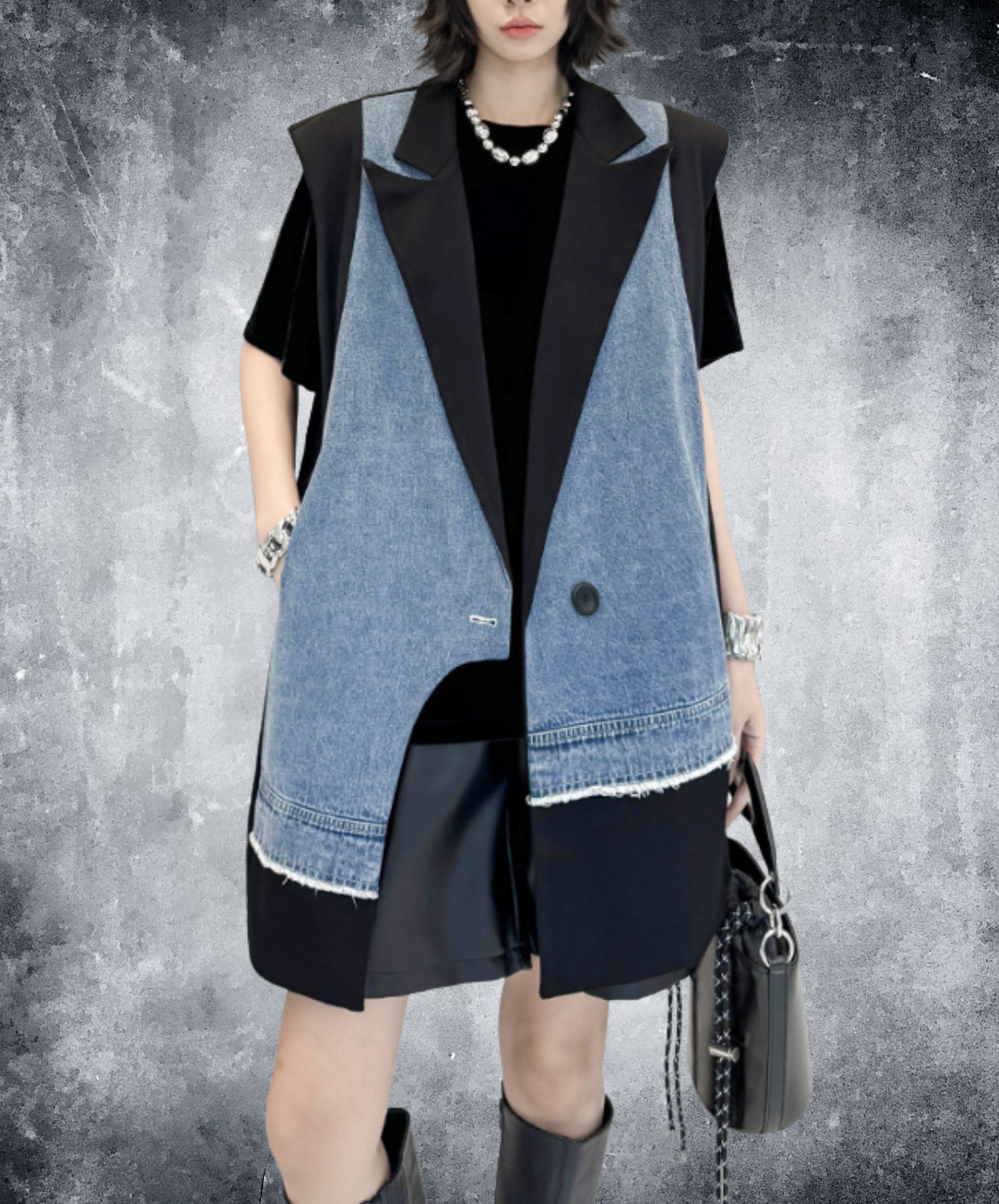 denim patchwork asymmetric vest EN2893