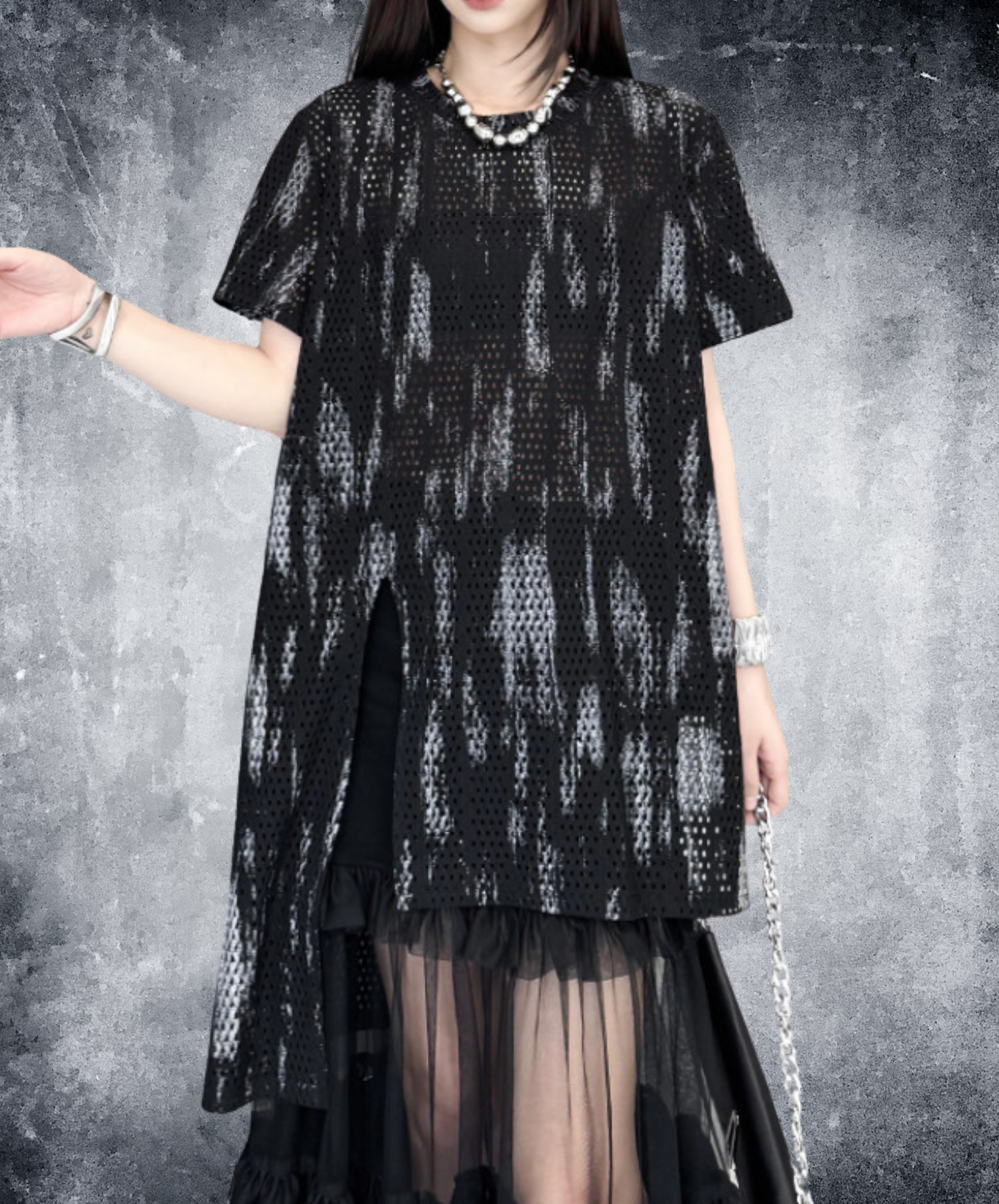 printed mesh asymmetrical t-shirt EN2840