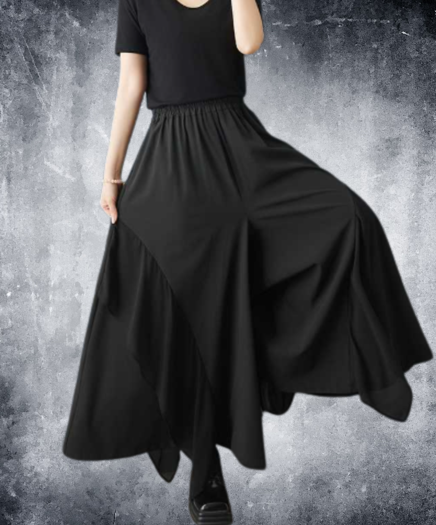 dark chiffon patchwork ruffles wide pants EN3056