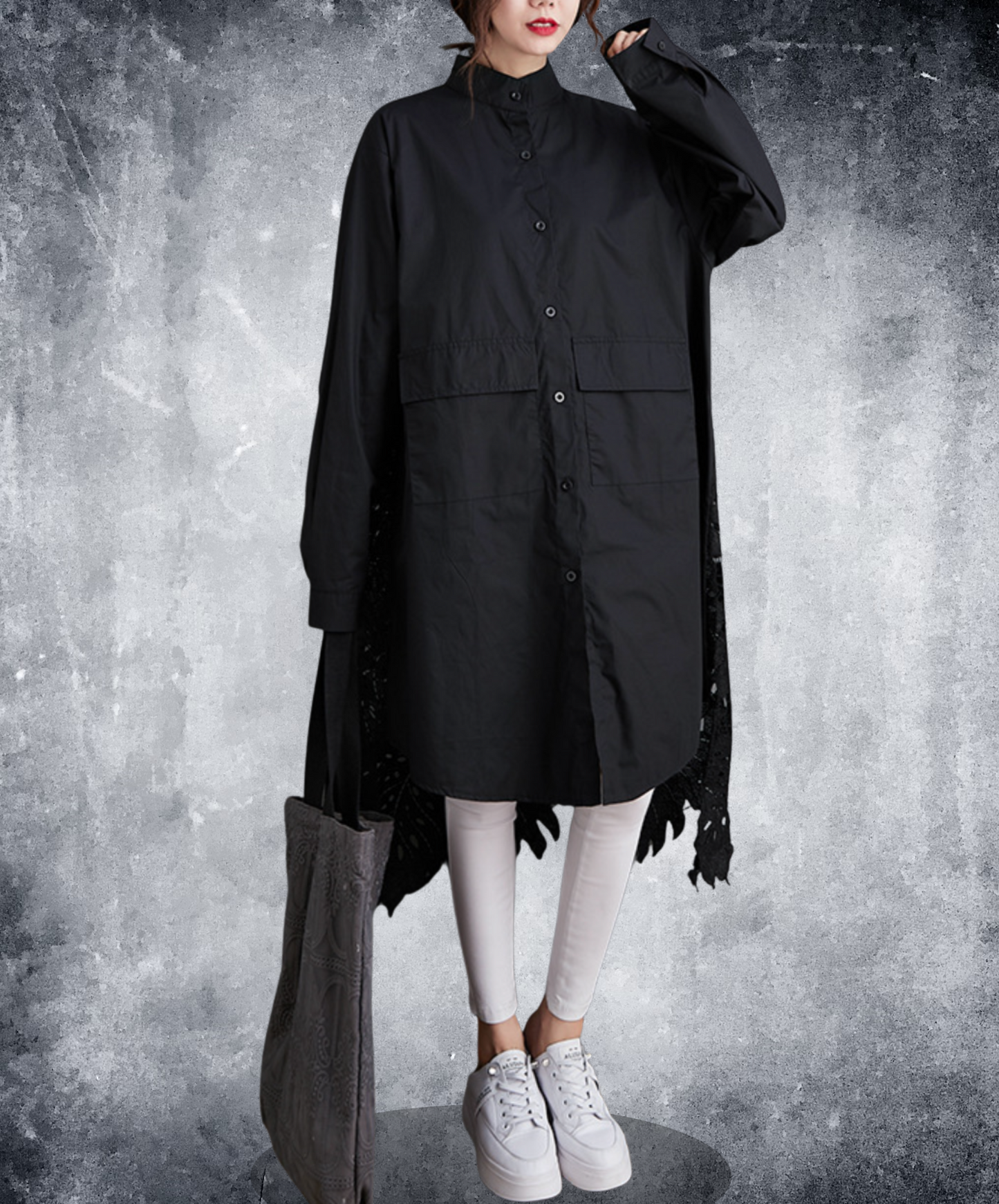 leaf motif lace fishtail long shirt EN2294