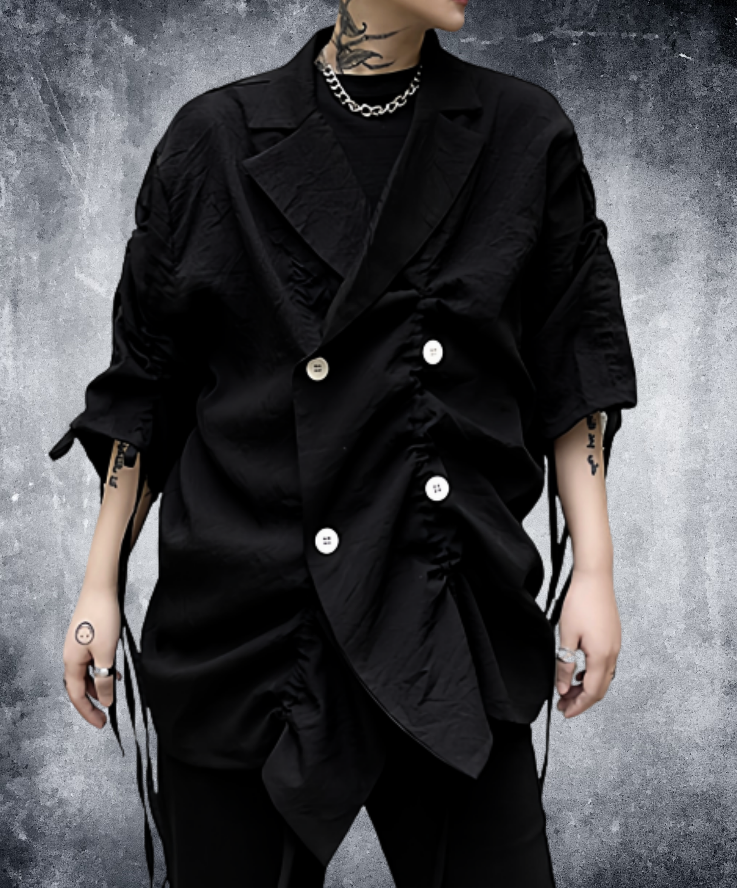 dark asymmetrical drawing process jacket EN2748