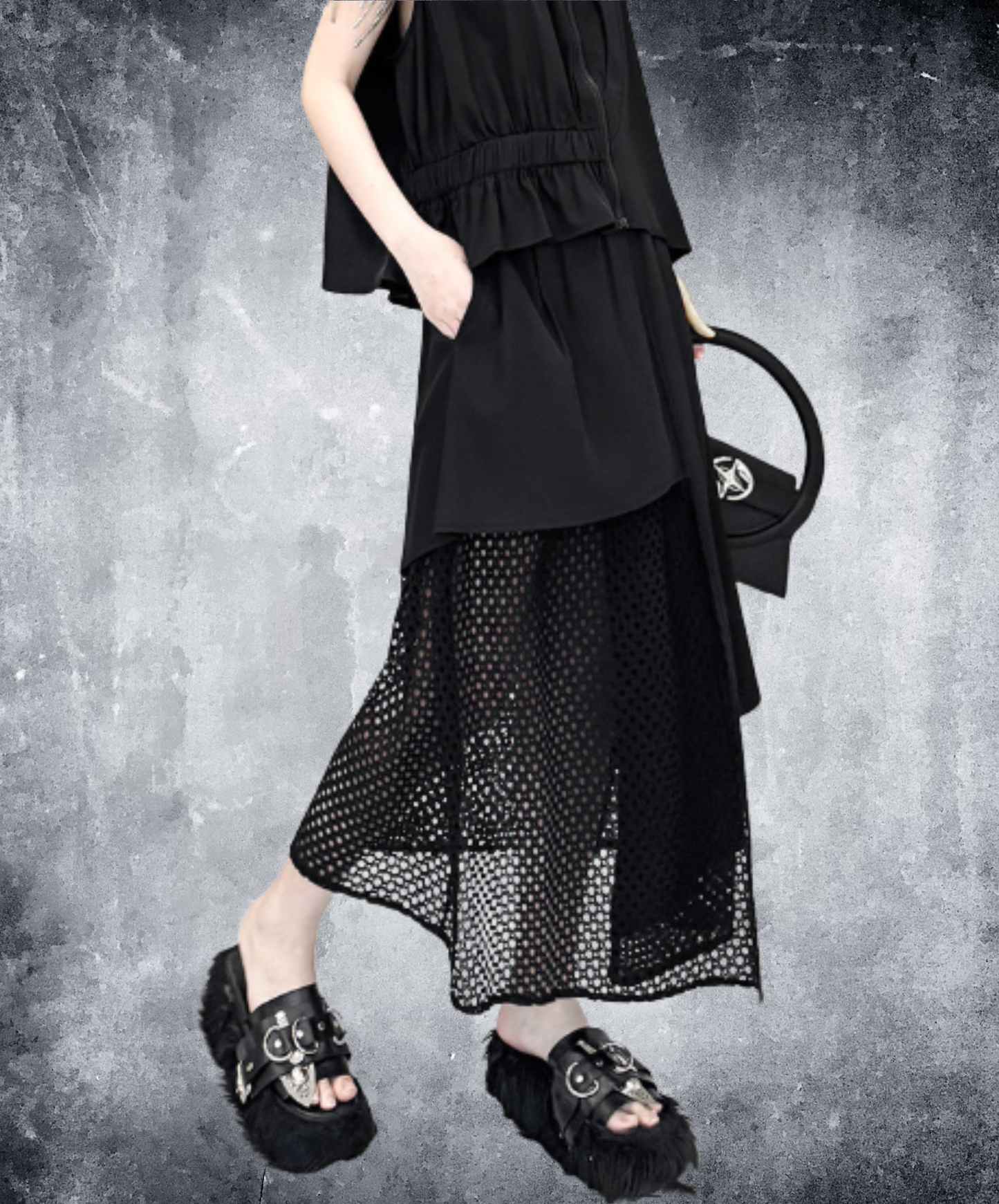 dark irregular design mesh long skirt EN2947