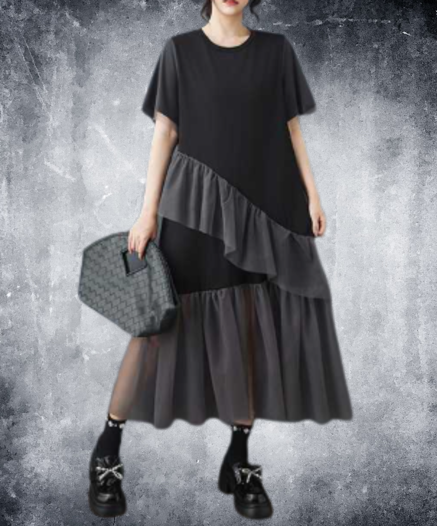 asymmetrical mesh patchwork design t-shirt EN3045