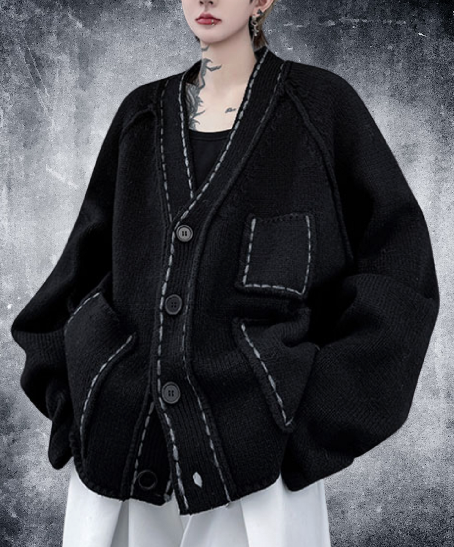 -neck with unique stitching cardigan EN2525