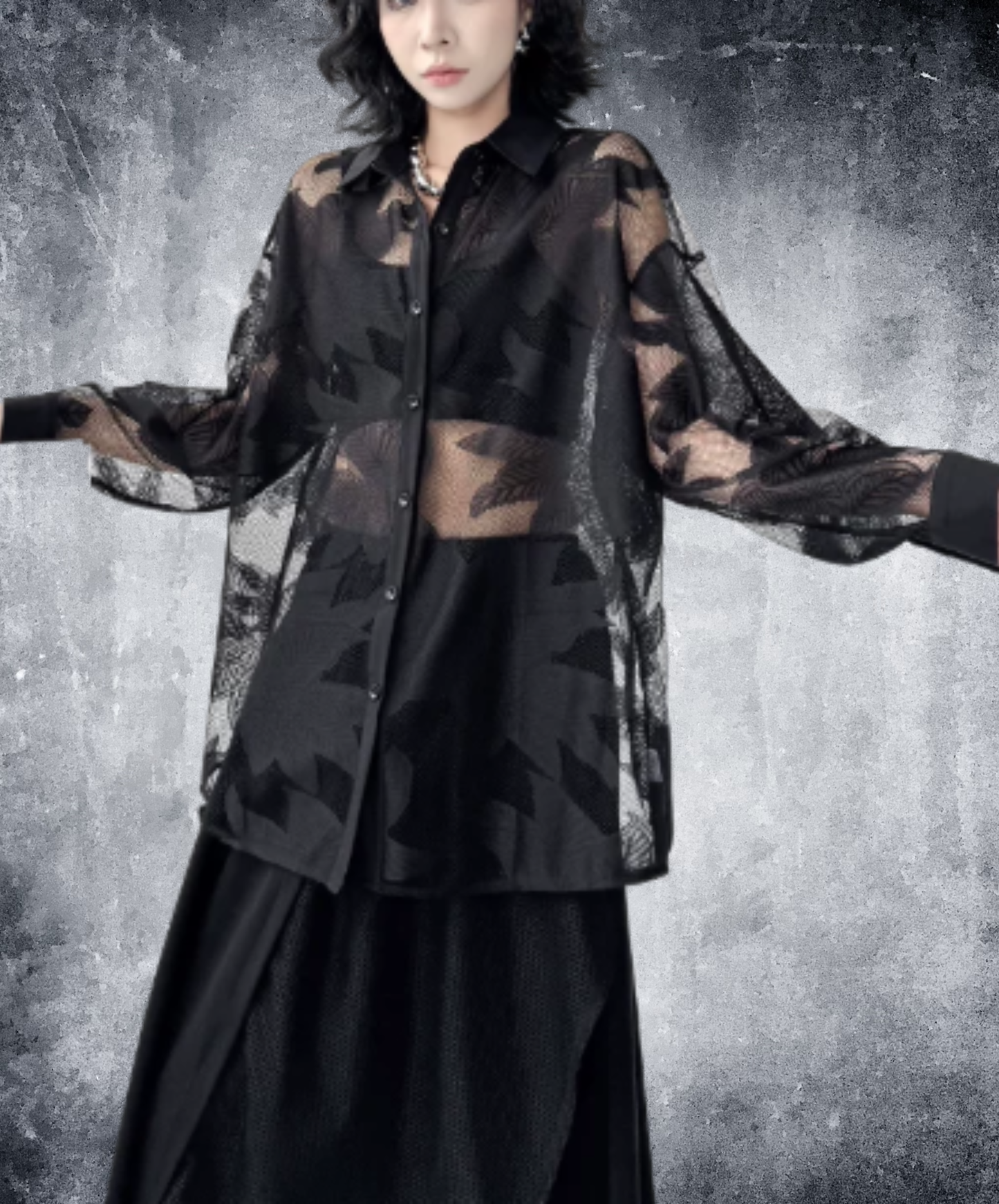 dlim-fit dolman-sleeve mesh sheer shirt EN3012