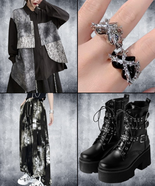 【style88】dark mode outfit set EN2679（shirt + pants + boots + ring set）