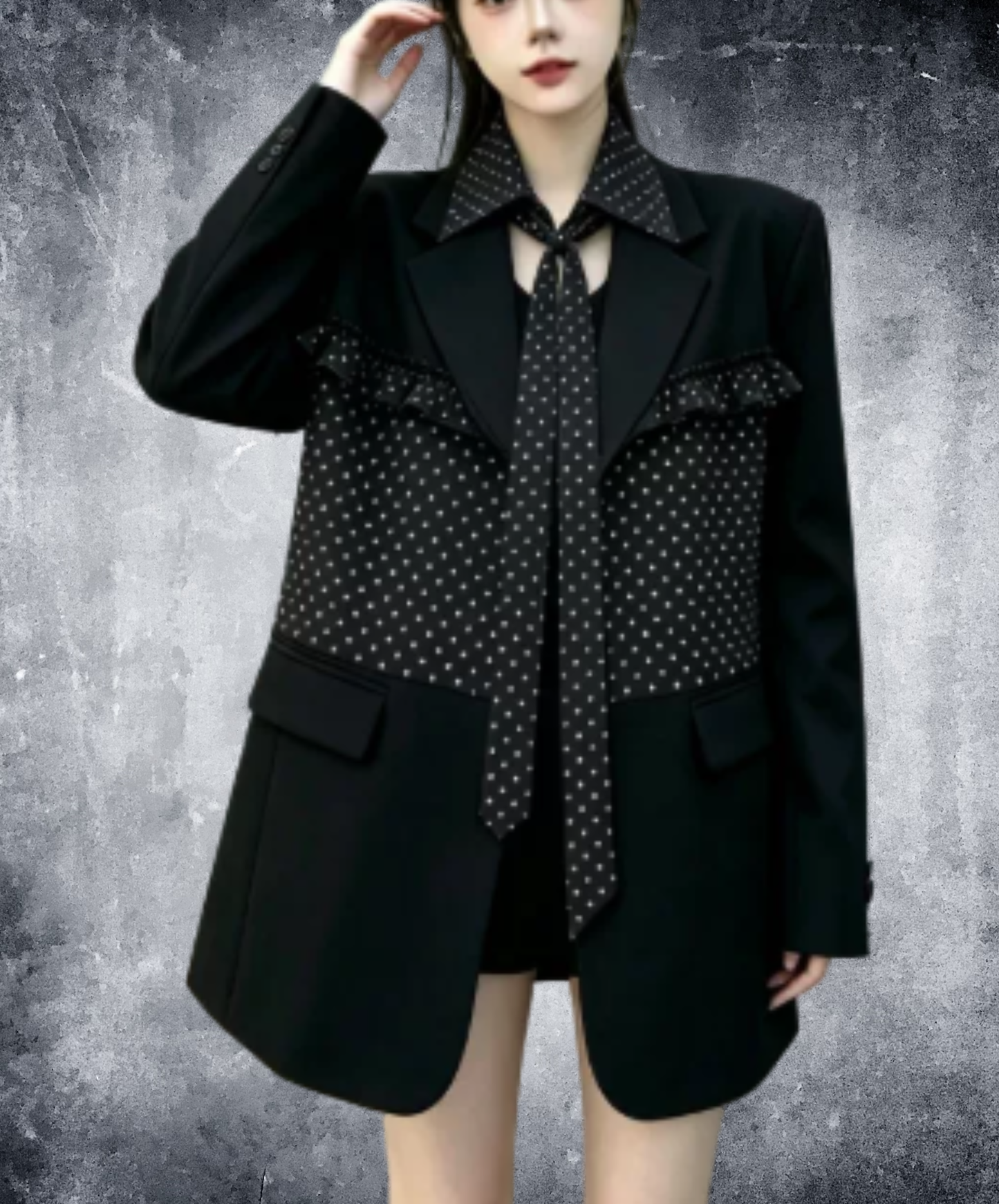 ruffle detail with a polka-dot bow tie jacket EN3167