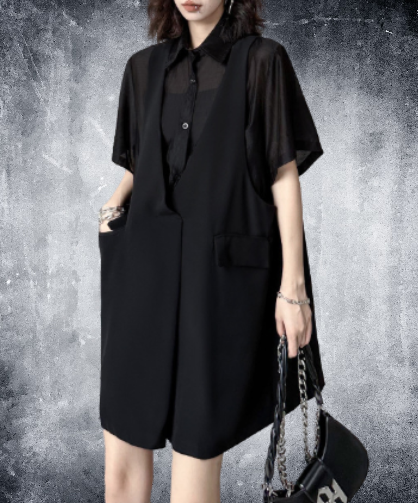 dark fake two-piece loose sheer shirt EN2977